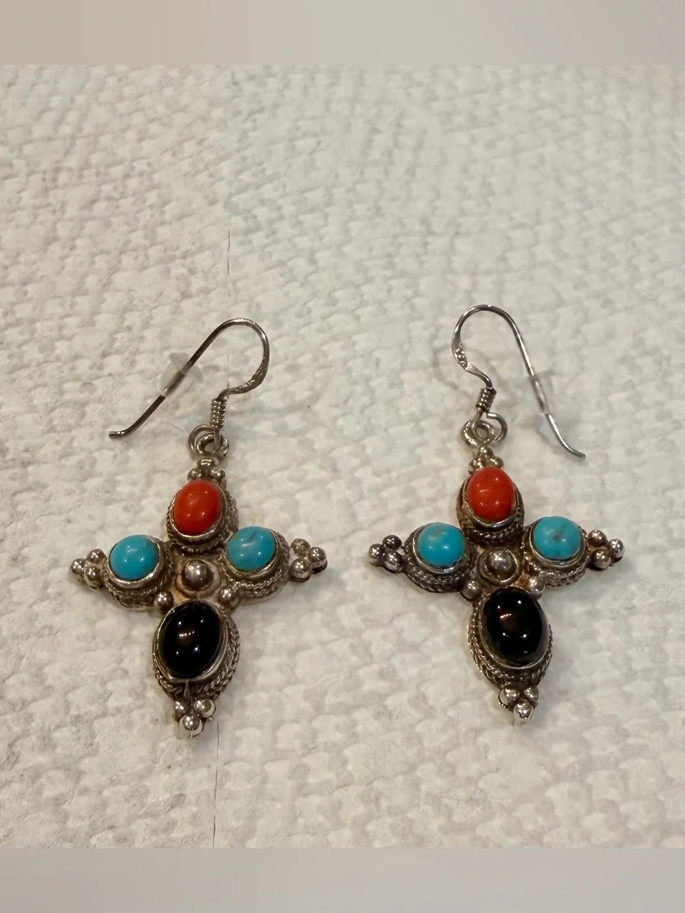 Sterling-.925 Multi-Stone Cross Drop Earrings - Turquoise, Coral & Black